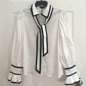 Alice + Olivia Sharen Puff Sleeve Bow Tie Button Blouse (white)